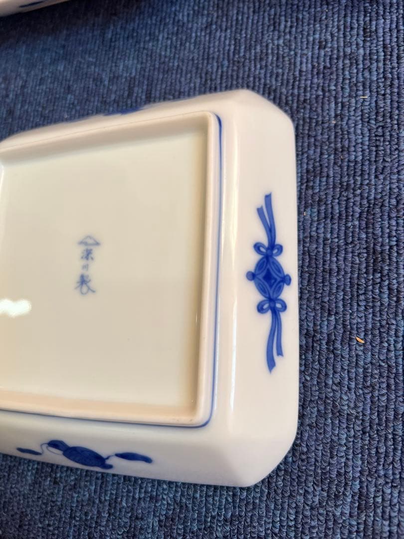 978 深川製磁　時代物　角皿セット 染付オシドリ  13客　古美術品　未使用