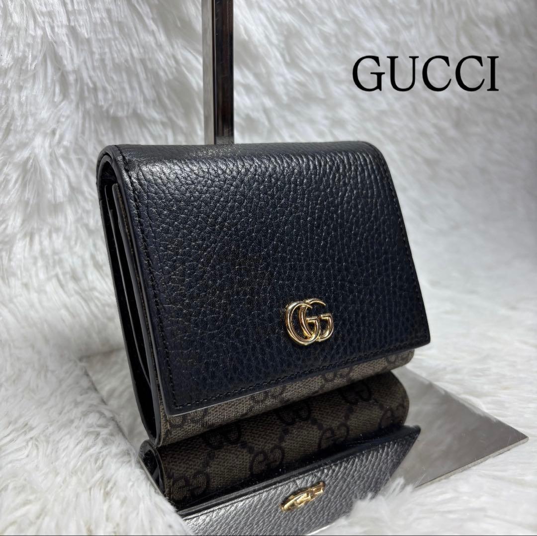 ✨美品✨ グッチ GGスプリーム マーモント 折り財布 L字 PVC レザー 黒