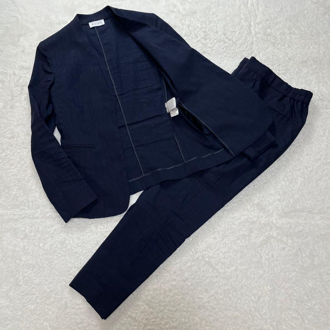 プラステ　PLST セットアップ　スーツ　ノーカラー　パンツ　リネン　ネイビー