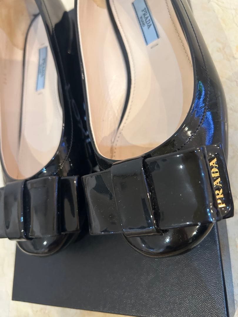 PRADA ブラック リボン付き36 1/2バレエシューズ
