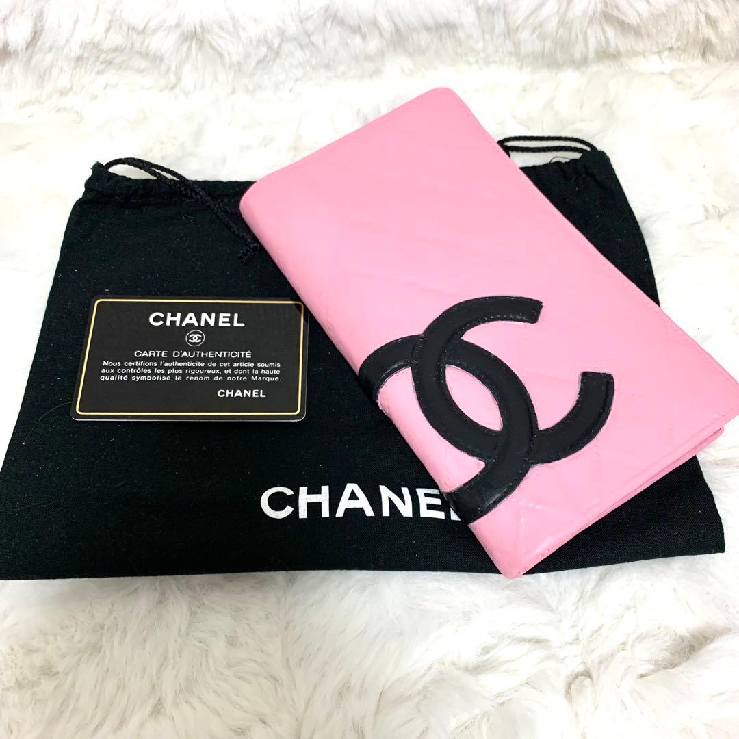 人気！可愛いピンク色のCHANEL カンボンライン 折り財布　Ｇカード 巾着付き