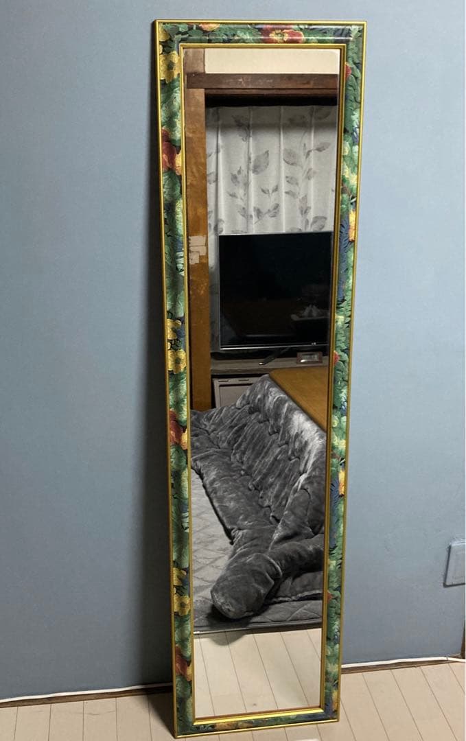 姿見 鏡 スタンドミラー 花柄 アンティーク 天然木