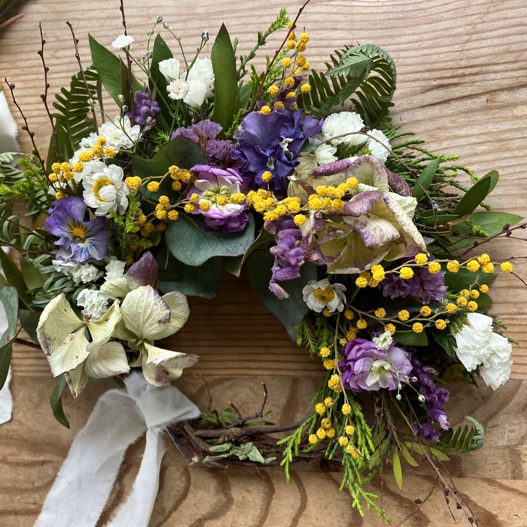 お得なセット　ミモザとアンティーク紫陽花のリース＆スワッグセット　春　ストック