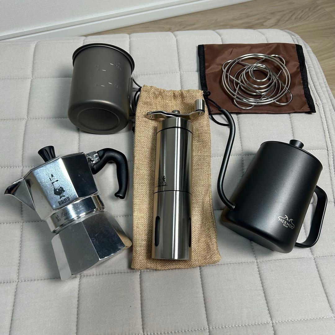 【キャンプ用コーヒーセット一式 モカエキスプレス/手挽きミル/ドリップポット】