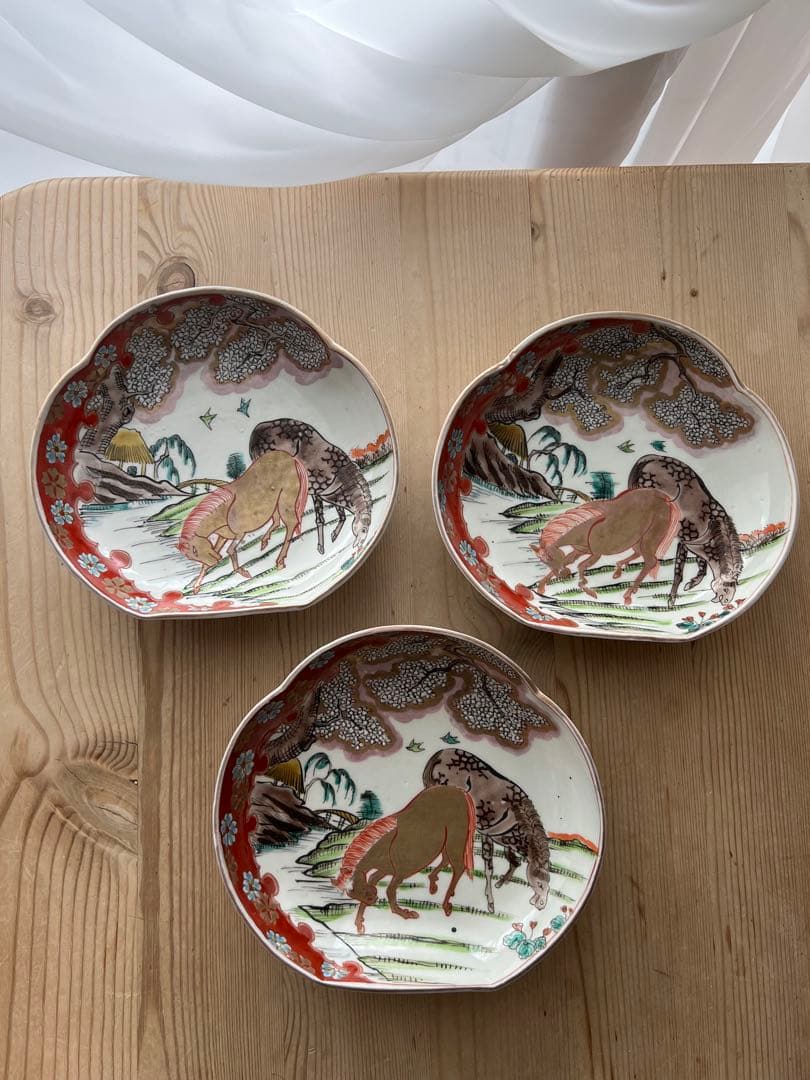 古伊万里　馬と桜　骨董　春駒　皿　3枚セット
