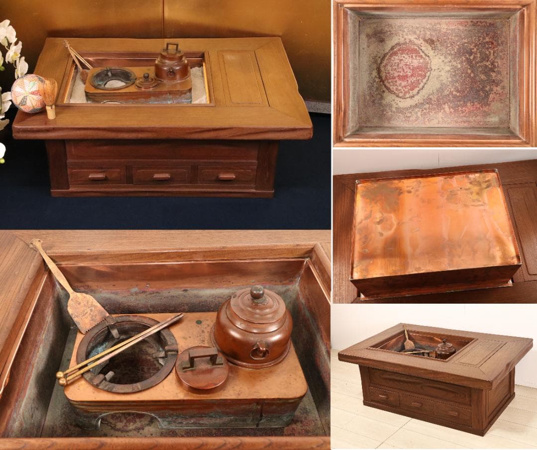 BE419　時代家具　関西火鉢　３尺　天板厚５㎝　純銅製 酒燗器 火箸 灰ならし