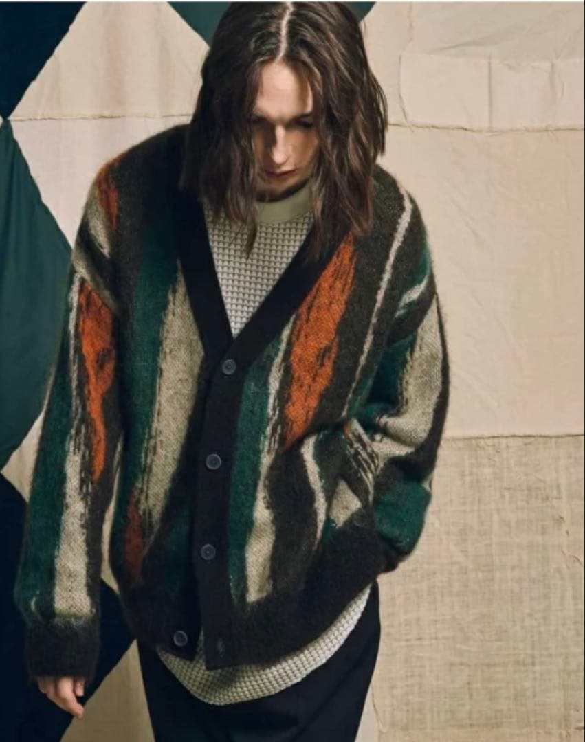 【特価】ランダムストライププライムオーバーモヘヤニットカーディガン