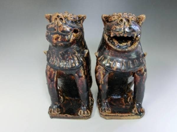 置物■狛犬一対 飴釉（江戸期）享保4年 己亥 奉納 獅子 江戸期骨董 希少 古い