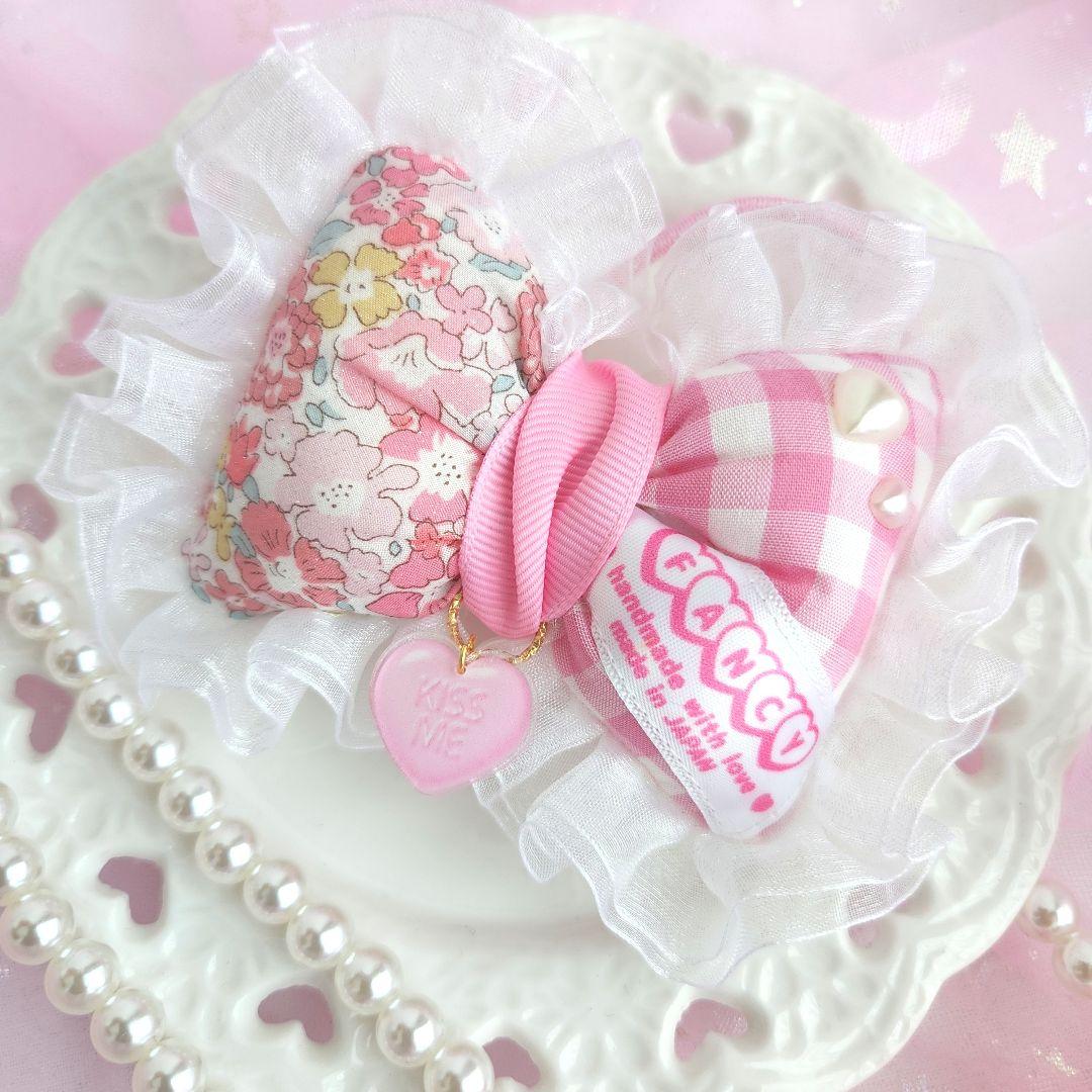 ハンドメイド♡リバティ×ギンガム、タグ オーガンジーフリルポニー 濃いピンク