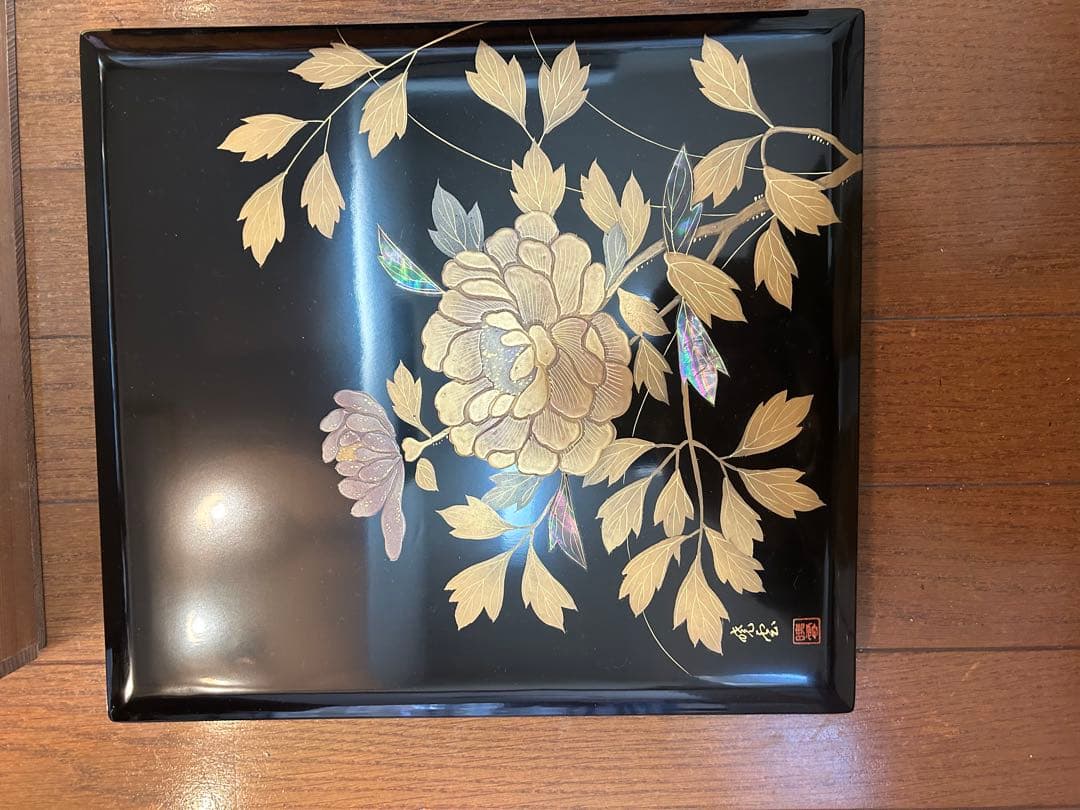 輪島塗 暁雲 本堅地布着 黒真塗 牡丹鈿入金蒔絵 文箱 未使用 保管品