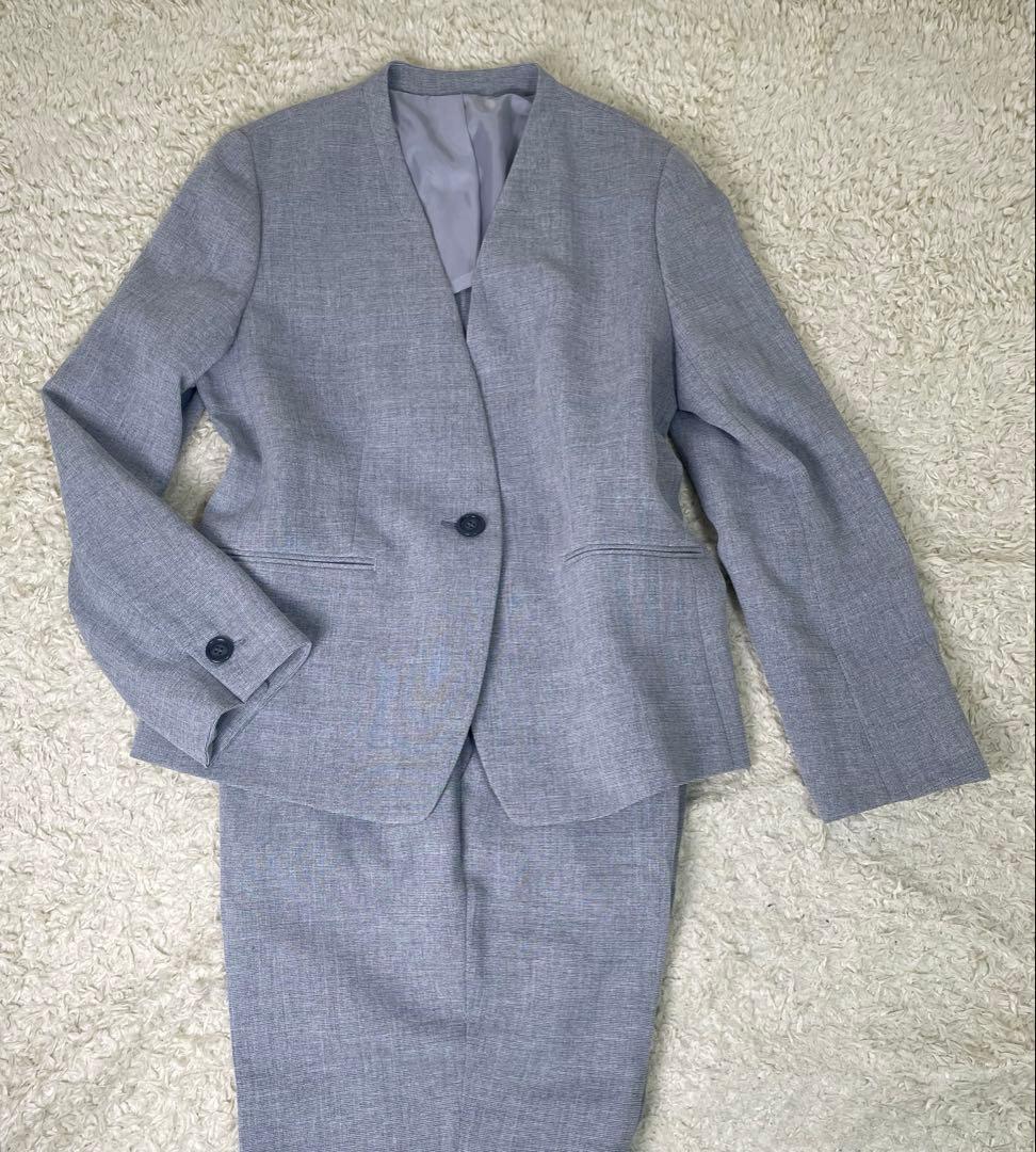 レディース　ノンカラー　ビジネススーツ　セットアップ　パンツ　グレー　15号