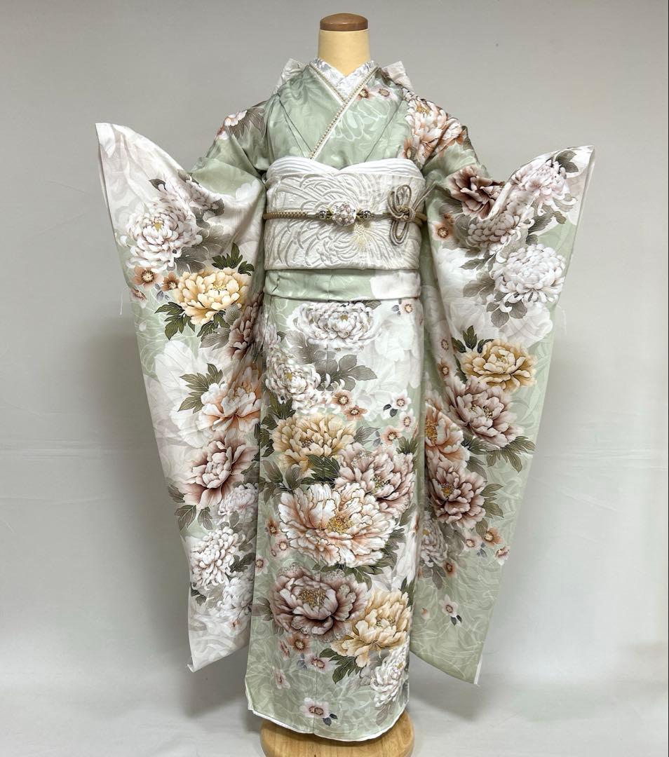 上品なくすみグリーンの牡丹と菊の振袖フルセット