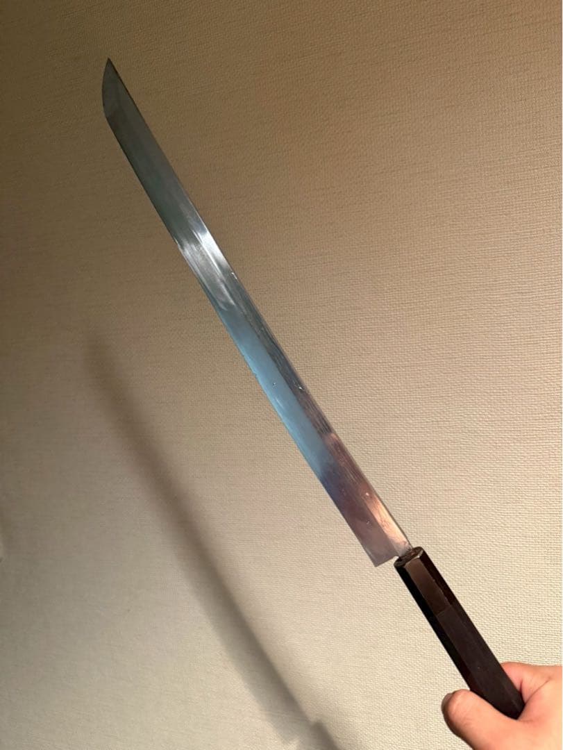 玉鋼製包丁　ダマスカス仕上げ　受注生産　両鎬　鮪包丁　刺身包丁　尺3〜5寸