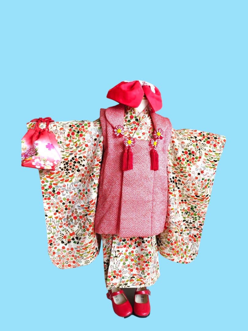 アンティーク小花の着物と鹿の子の被布セット