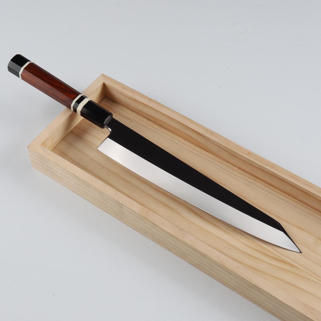 梵静刃物 勘所型牛刀 9寸 片刃 ウルトラ鏡面仕上げ 黄檀黒水牛白三本巻八角柄