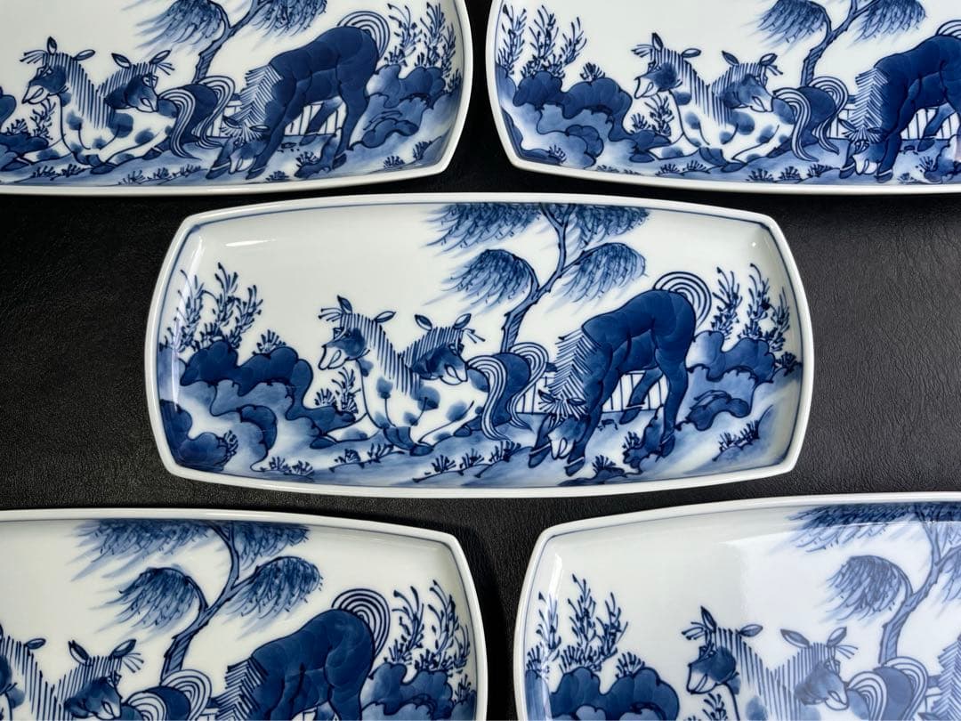 源右衛門　染付馬文　長皿　焼物皿　5枚　長方形　馬