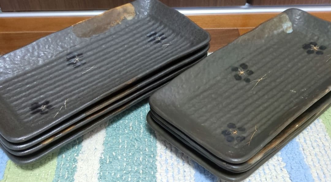 未使用4枚+ほぼ未使用 長皿　和食器 ダークグレー波形皿8枚セット