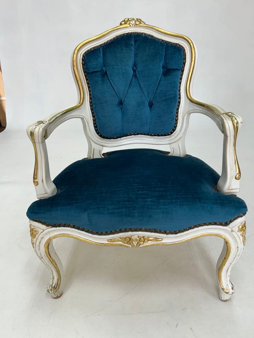 ロココ調アンティーク ベルベットチェア 青　子供用