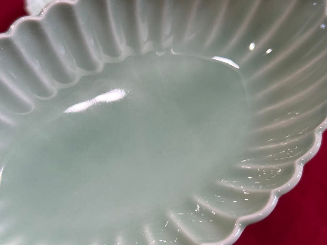 希少な形★未使用　深川製磁　百年庵　笹青磁　菊割　オーバル皿　美品