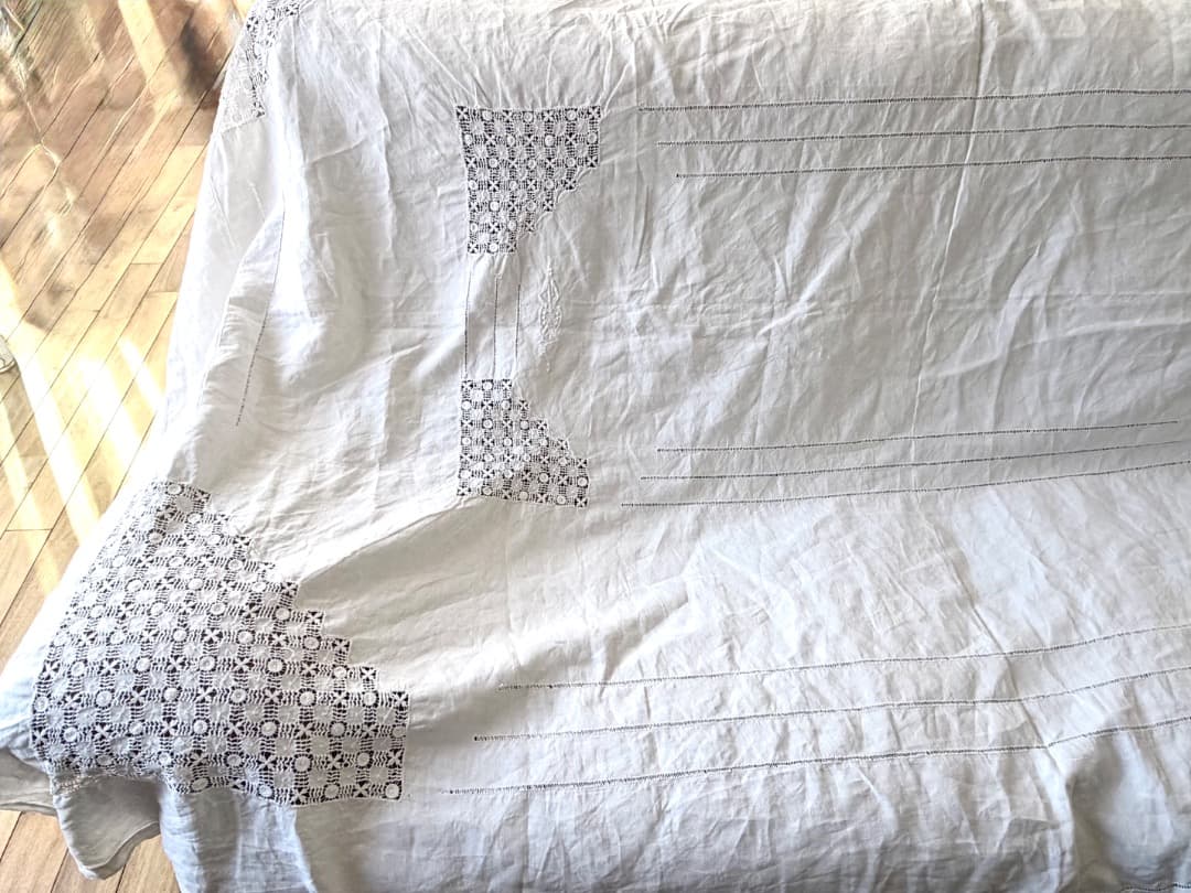 フランスアンティーク　特大　テーブルクロス　リネン　シーツ　ドロンワーク　刺繍