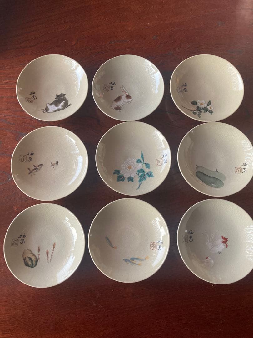 京焼　竹内栖鳳画絵替小皿九枚揃　11.5cm