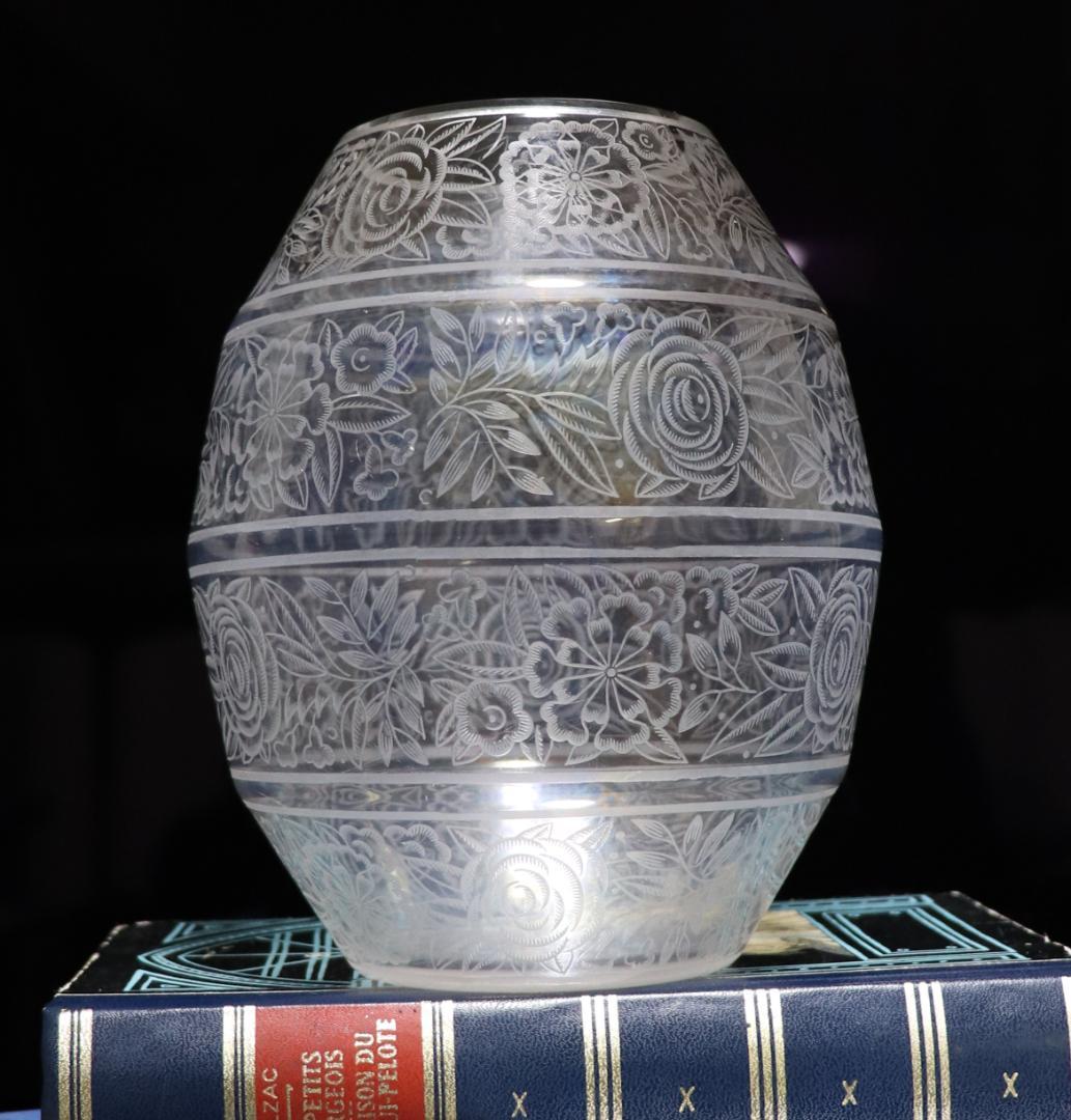 オールド・バカラ 1930年 大型薔薇文エッチング花瓶 壺 花器 フラワーベース