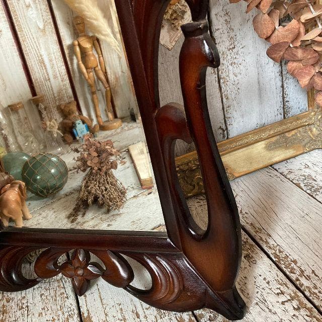 ヴィンテージ*アイヌ 彫刻*古い 木彫り ウッドフレーム ウォールミラー壁掛け鏡