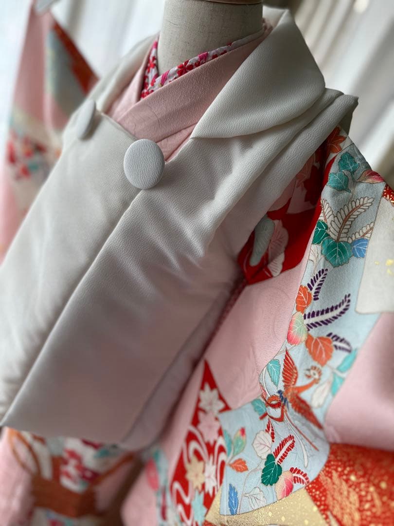 3歳用 七五三セット ピンクに熨斗柄キモノとアイボリーの被布、長襦袢3点セット