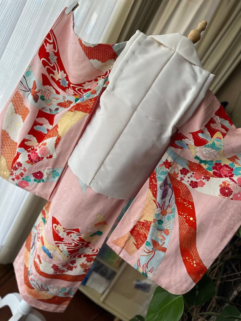 3歳用 七五三セット ピンクに熨斗柄キモノとアイボリーの被布、長襦袢3点セット