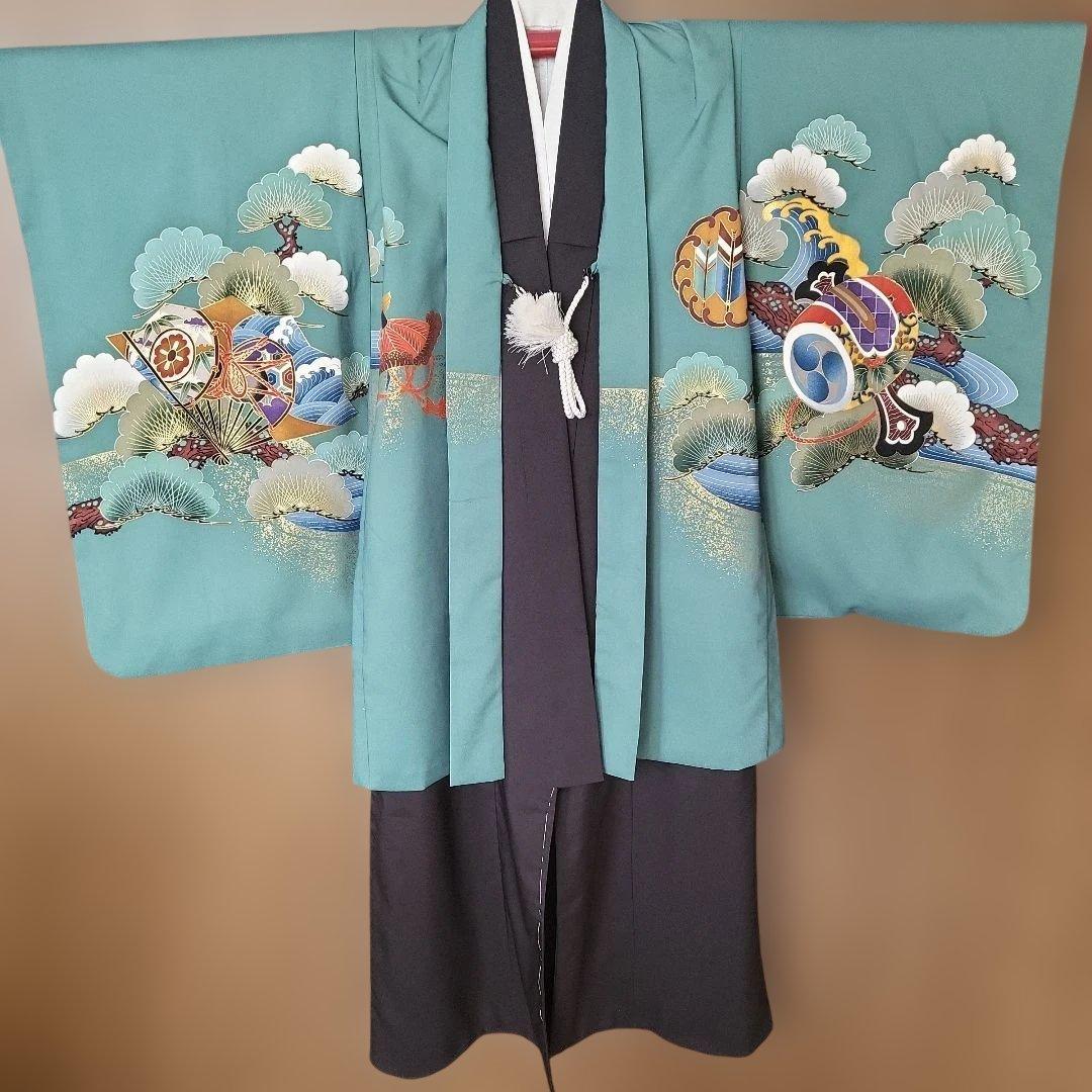日本製　5歳　七五三用 セット　青緑色の着物