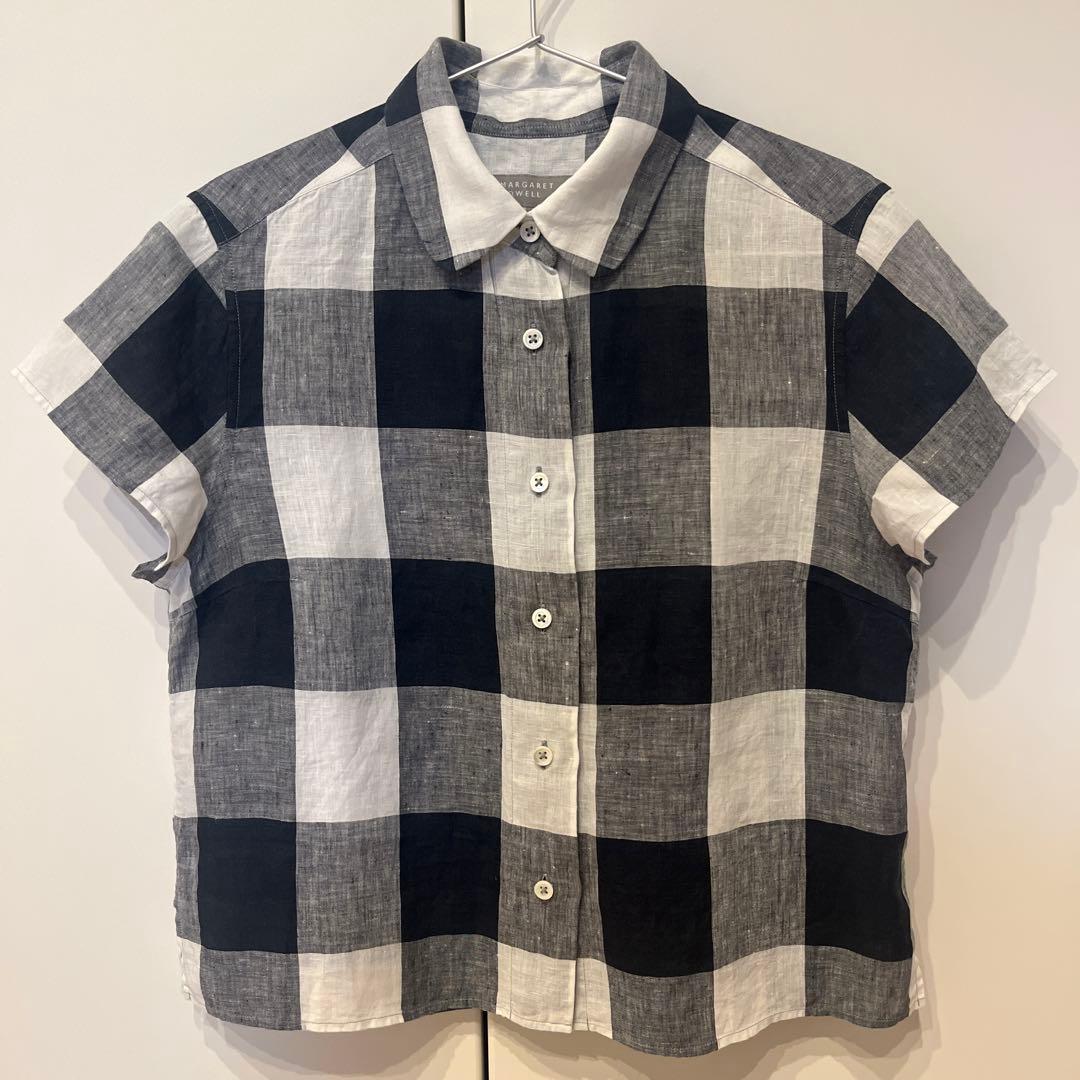 【美品】マーガレットハウエル チェックリネン半袖シャツ サイズ１ネイビー 丸襟