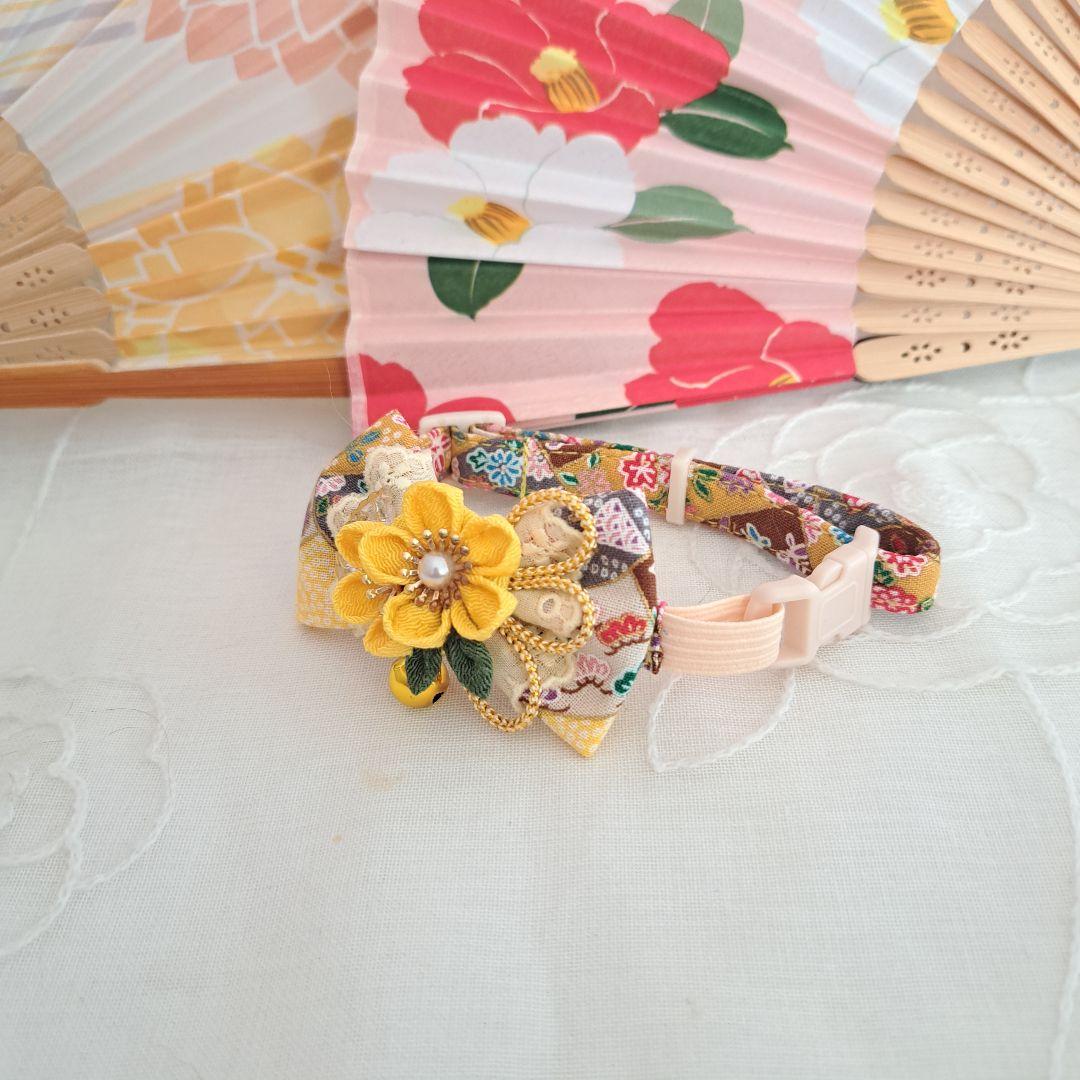 お正月、つまみ細工シングルリボン(黄色)わんちゃん猫ちゃん用首輪