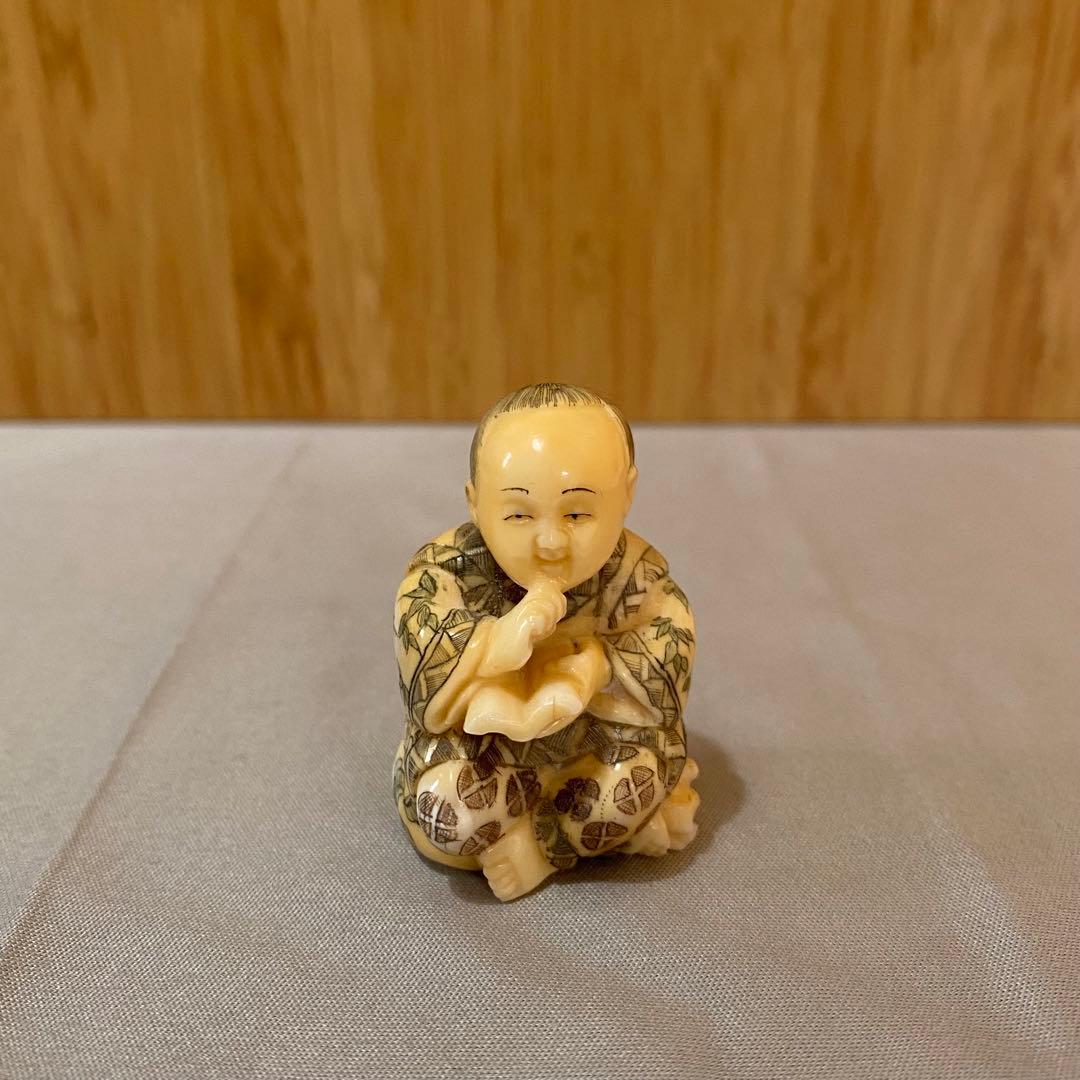 古美術 在銘 山口 カバ牙 根付 河馬 骨董 Netsuke 人物 彫刻⑧