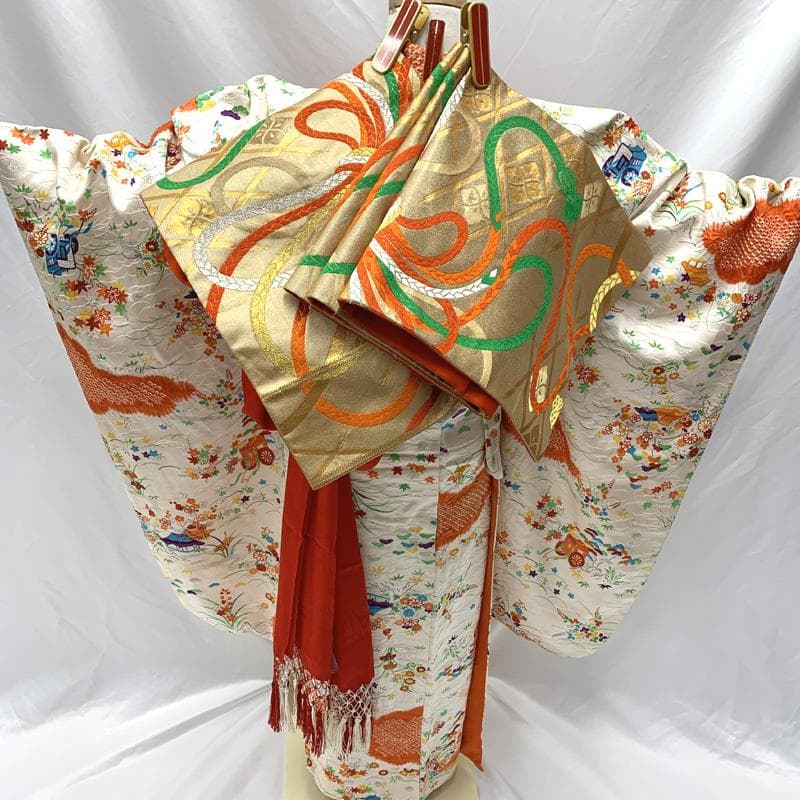 407ag11,小物類付き□七五三 七歳 女児 着物&袋帯&長襦袢 部分絞り□