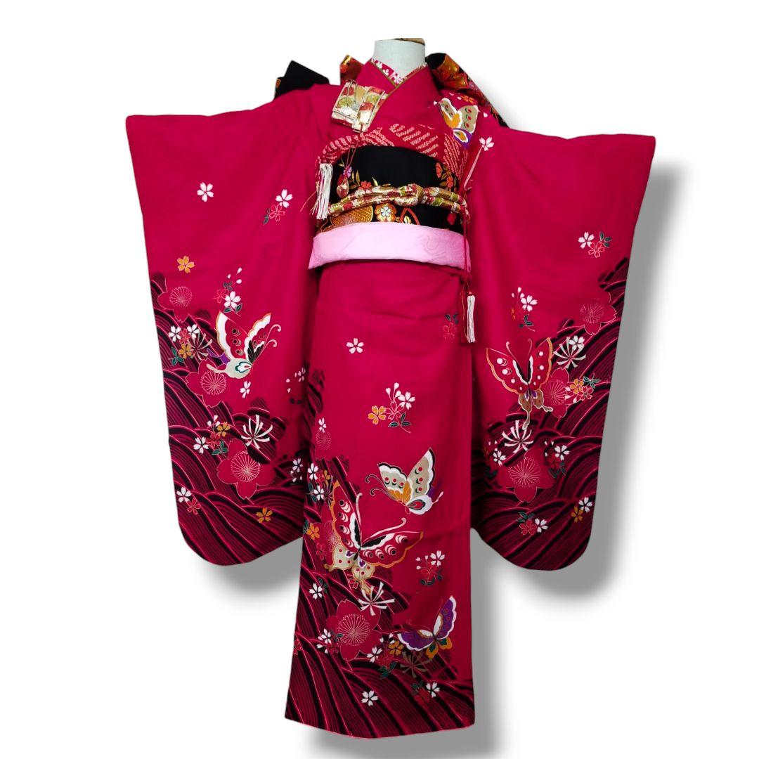 七五三 7歳 女の子 セット 可愛い赤 蝶 波 桜 0710