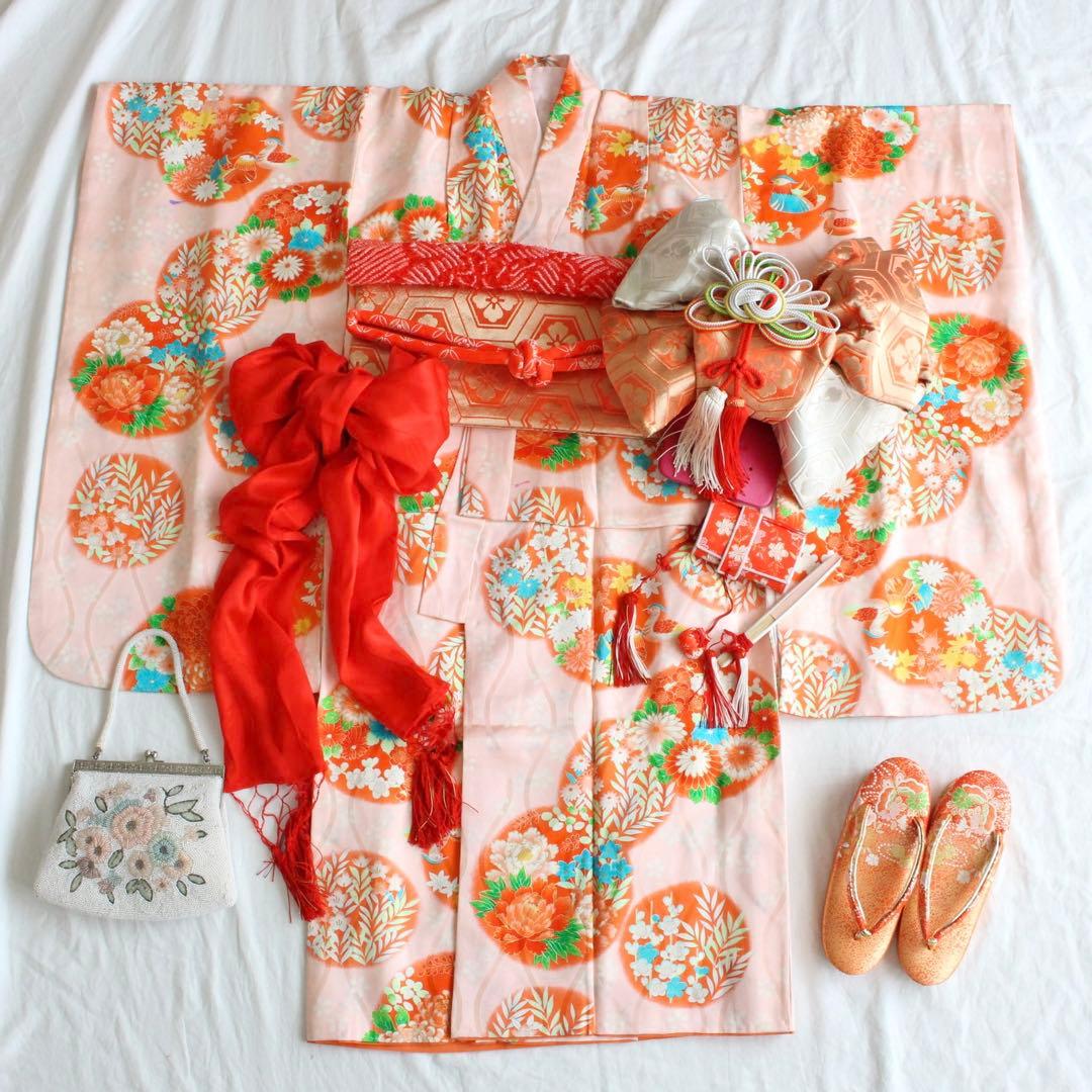 七五三 7歳 女の子 子供 正絹 ピンク 着物 つくり帯 セット