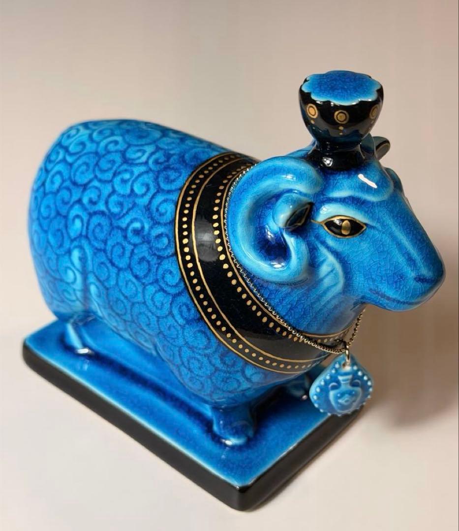 #美濃焼 幸兵衛窯 エジプト神 九栄神　クヌム　羊 青釉 オーナメント　S-1