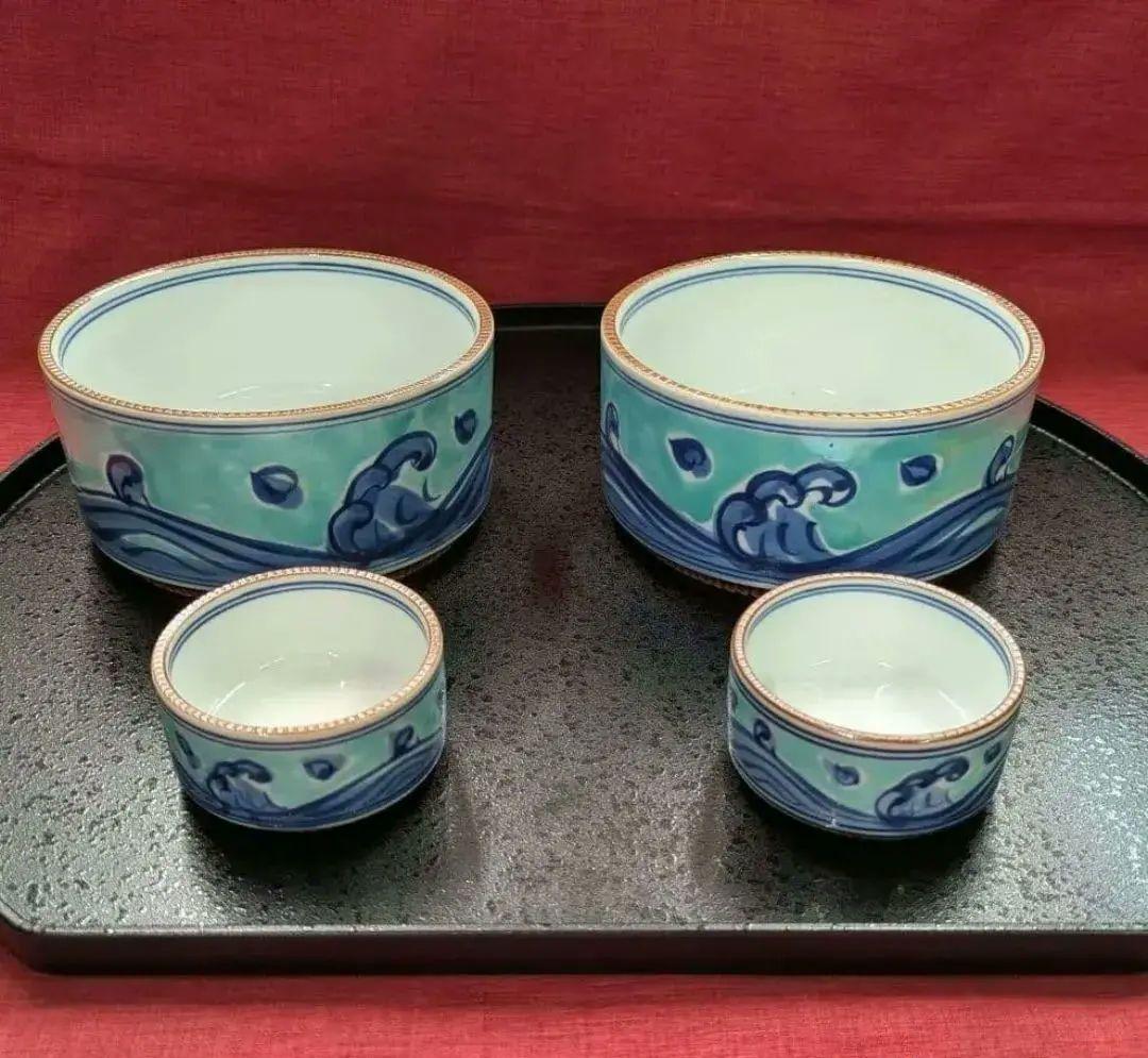 2組セット　有田焼 手描 波頭文様 とびかんな　刺し身揃え　向付け 珍味入れ