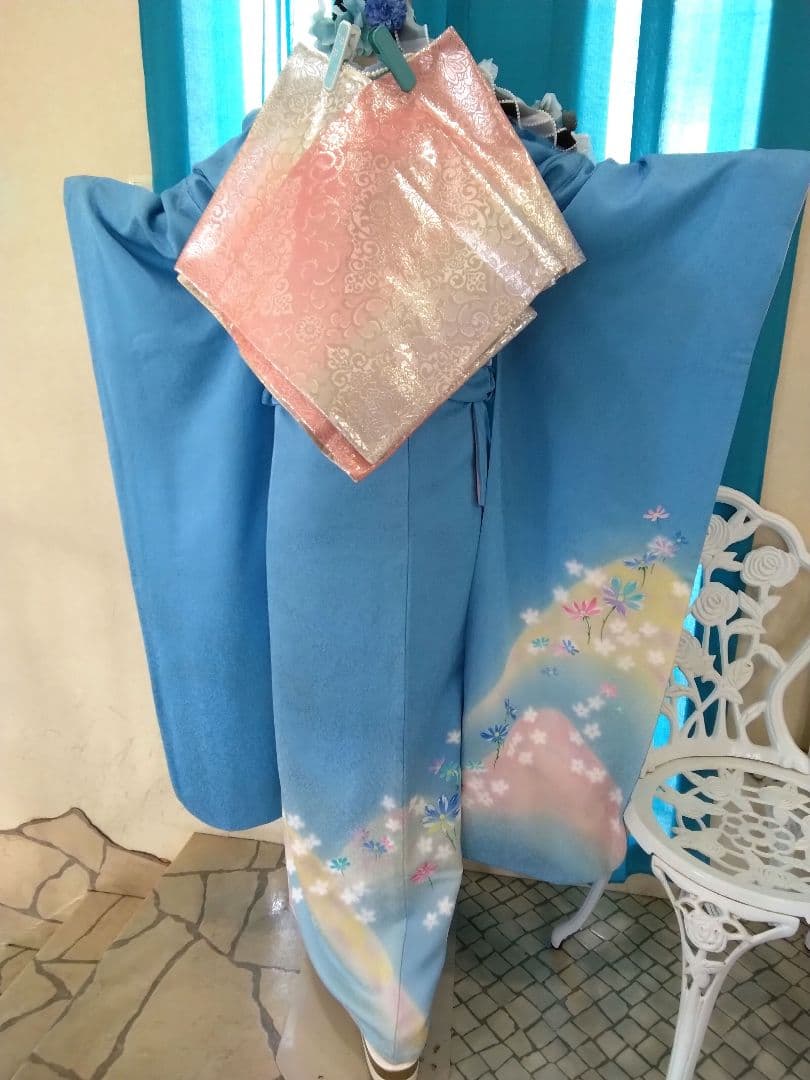 振袖フルセット、正絹振袖成人式、重ね衿帯揚げ帯締め、西陣袋帯長襦袢、ガード加工₠