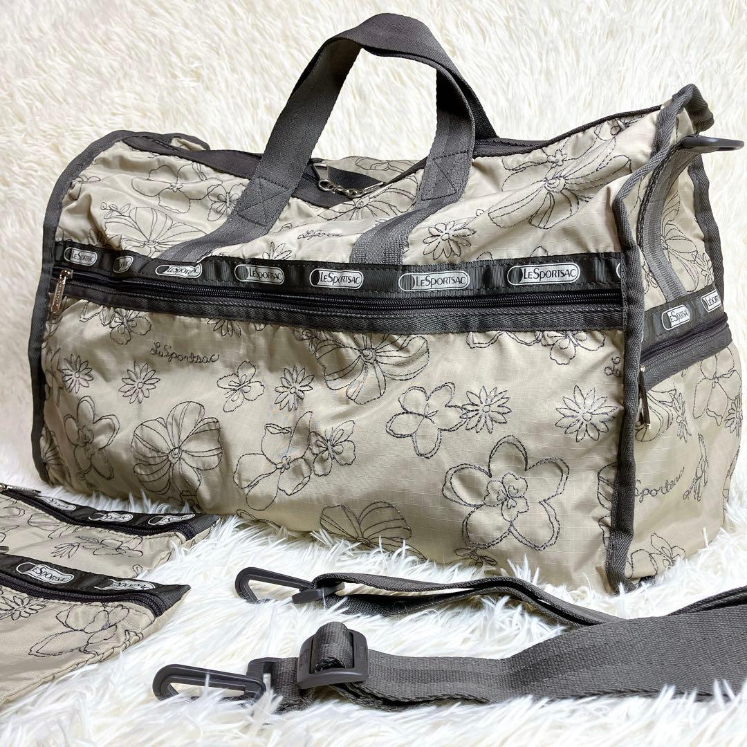 ✨極美品✨レスポートサック　ボストンバッグ　刺繍　花柄　ベージュ　ショルダー