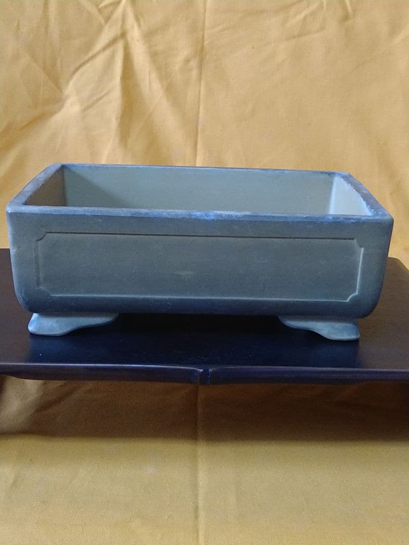 盆栽鉢　盆栽小品鉢　落款有り 黄泥？切立額面長方鉢