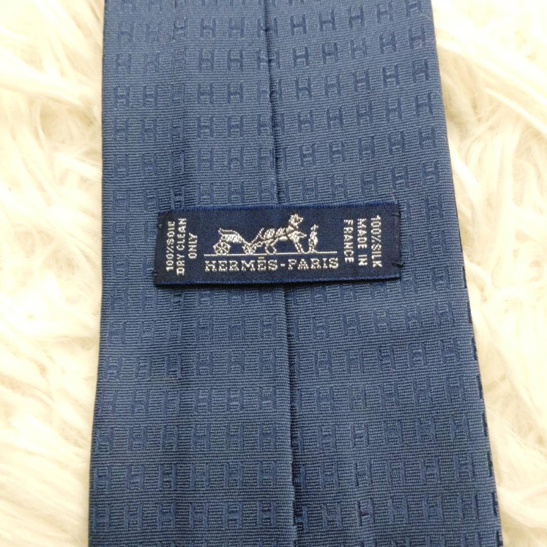 【美品】 エルメス 高級シルクネクタイ ファソネ柄 ネイビーブルー