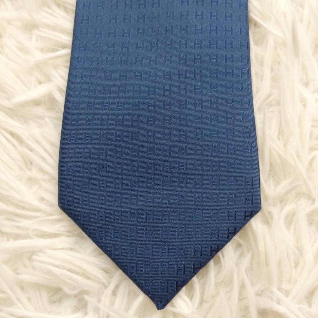 【美品】 エルメス 高級シルクネクタイ ファソネ柄 ネイビーブルー