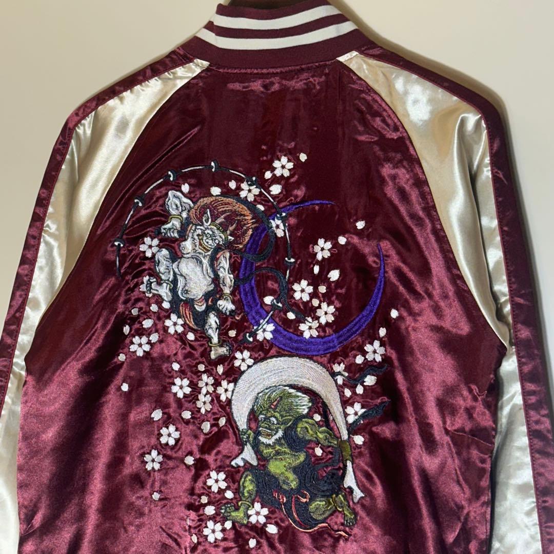 【新品未使用】風神雷神桜刺繍スカジャンワインレッドえんじ金和柄サテンブルゾン