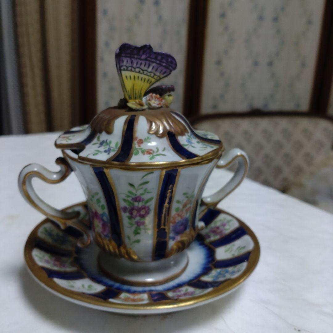 ビンテージイタリー製手描き花柄バタフライの取っ手装飾のシュガーポット