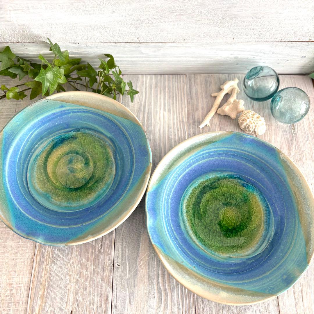 碧 フラワープレート パスタ皿 ターコイズ トルコブルー 2枚セット 益子焼