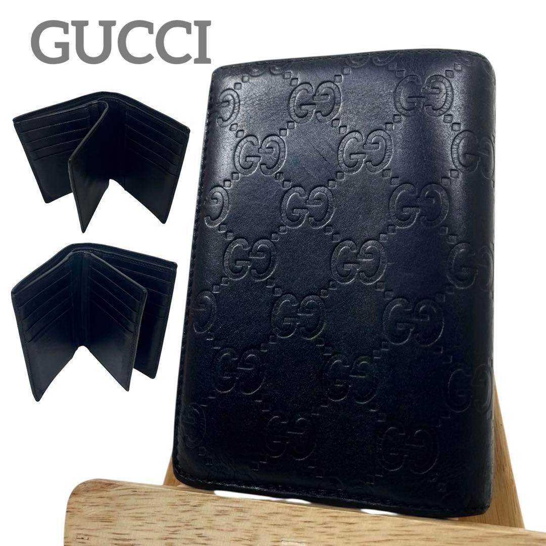 グッチ　収納多数！　折り財布　カード入れ　シマレザー　GG総柄　レザー　ブラック
