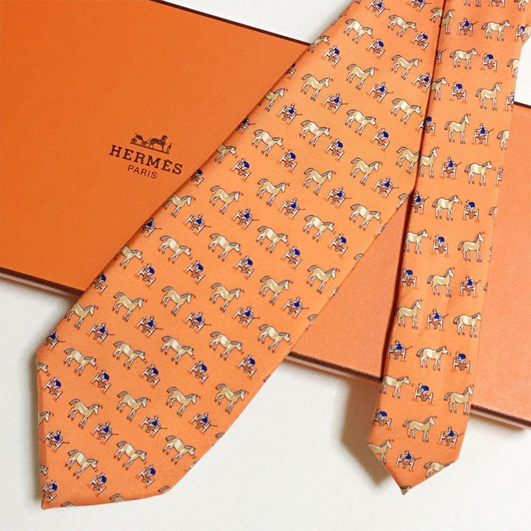 未使用級 エルメス HERMES ネクタイ シルク オレンジ アニマル柄 ホース