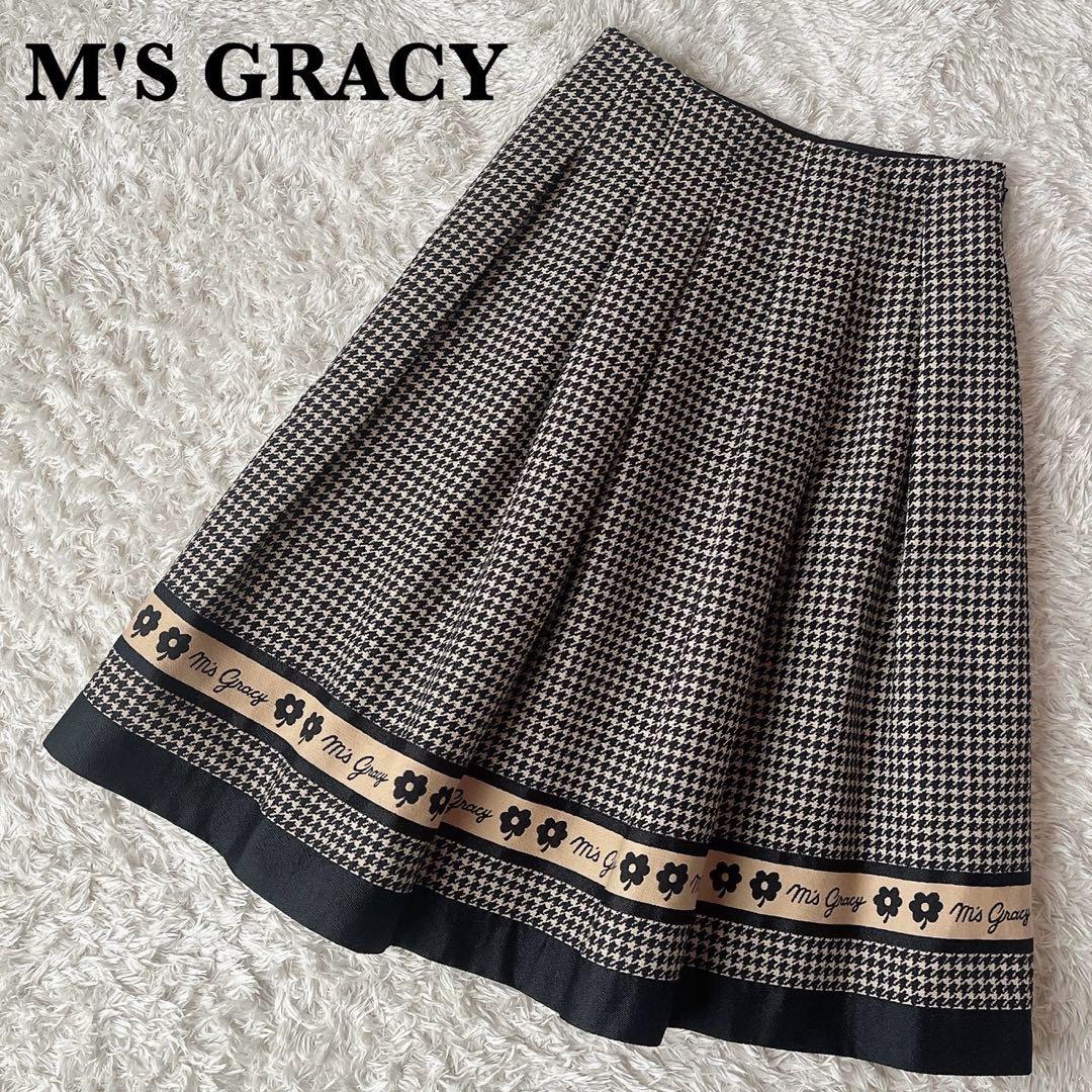【美品】エムズグレイシー カメリア＆千鳥格子柄スカート ウールライク23年モデル