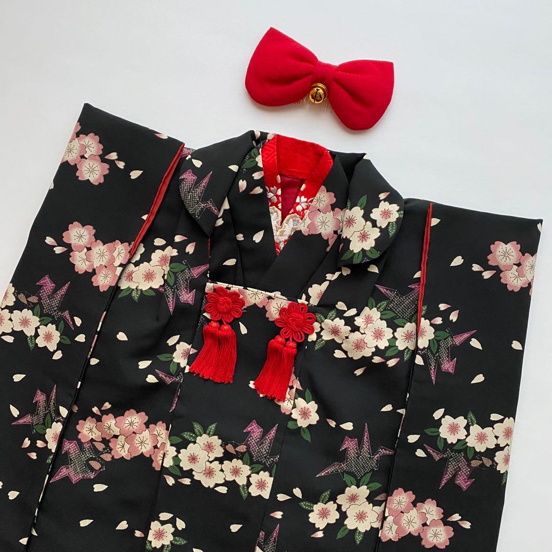 撫松庵　七五三　3歳女児　被布　三つ身着物10点セット　桜　折り鶴　黒地　753